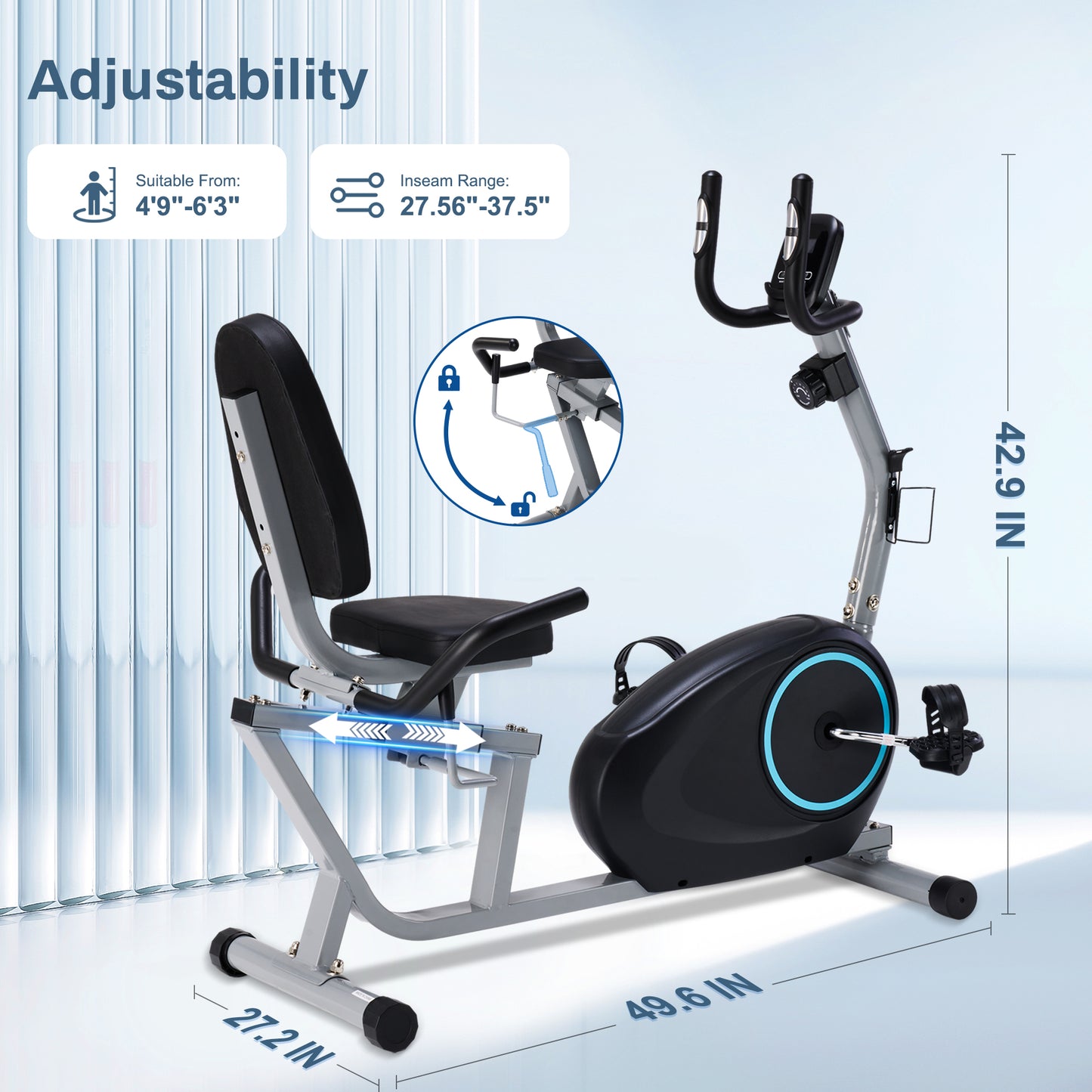 Recumbent Exercise Bike - Quick Adjust Seat, 400LB Weight Capacity, Backlit LCD Monitor