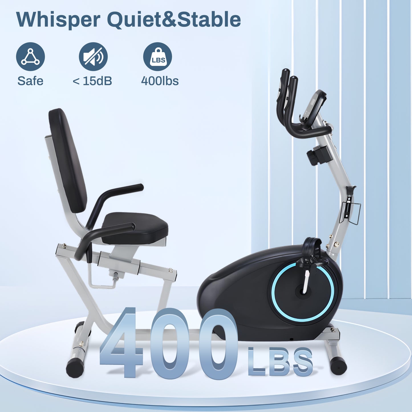 Recumbent Exercise Bike - Quick Adjust Seat, 400LB Weight Capacity, Backlit LCD Monitor