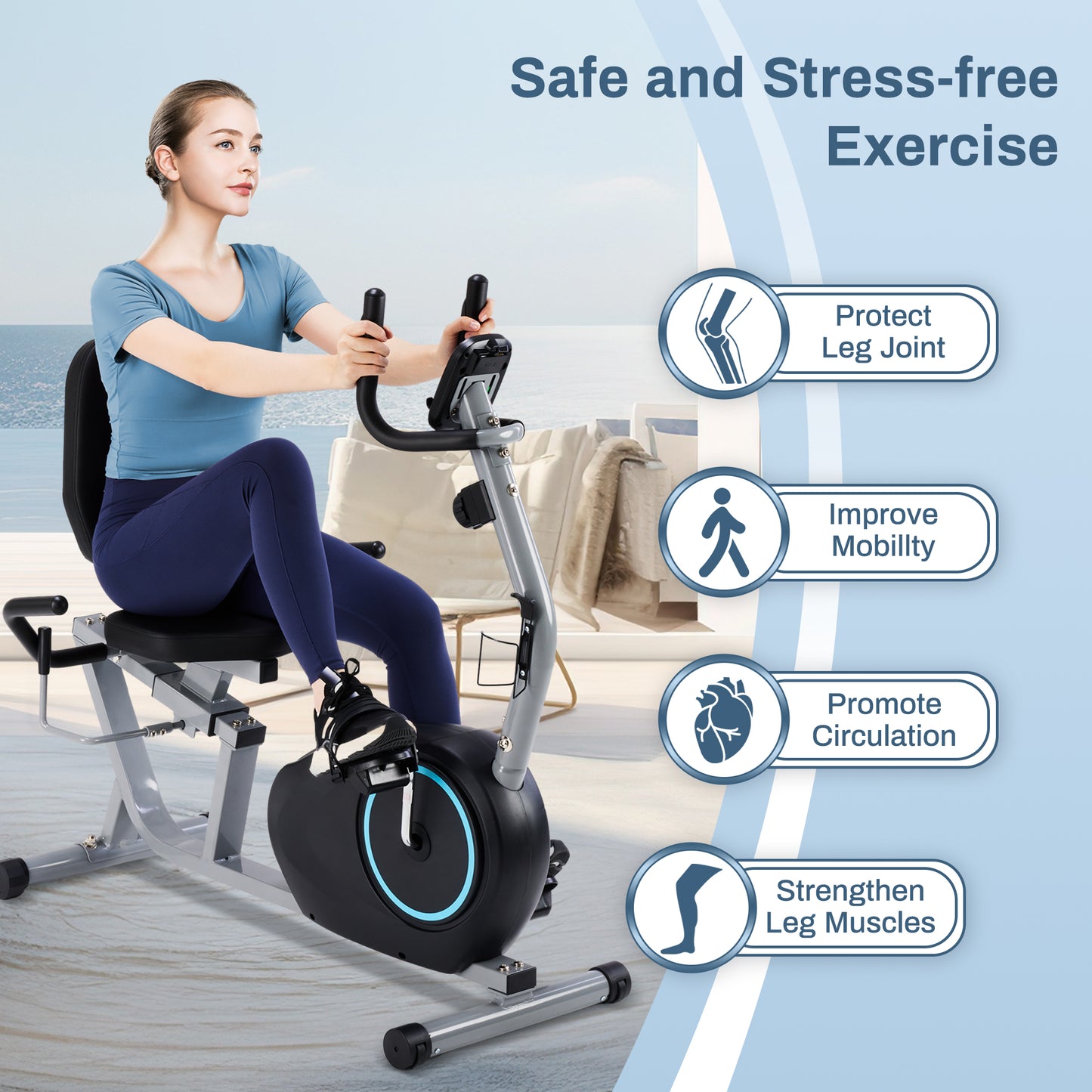 Recumbent Exercise Bike - Quick Adjust Seat, 400LB Weight Capacity, Backlit LCD Monitor